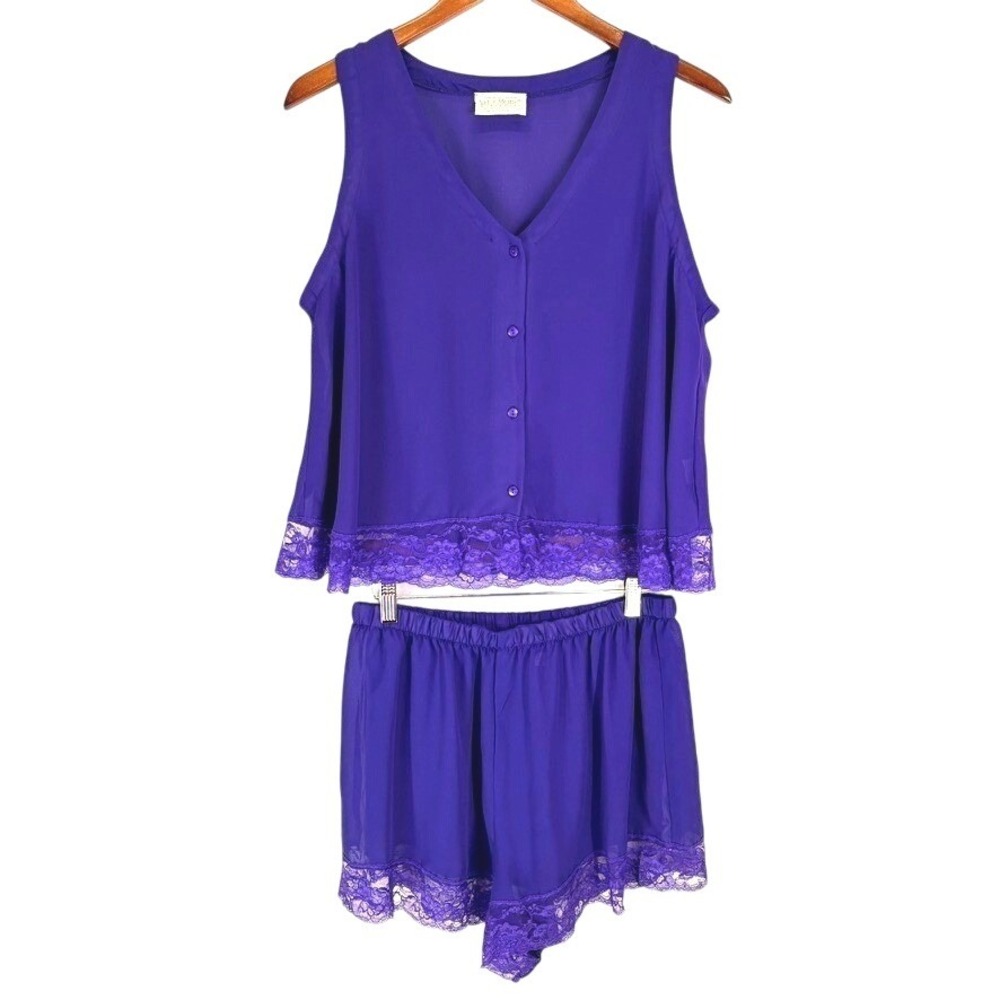 Val Mode Vintage Purple Lace Trim Lingerie Pajama Set Camisole Top Shorts Large